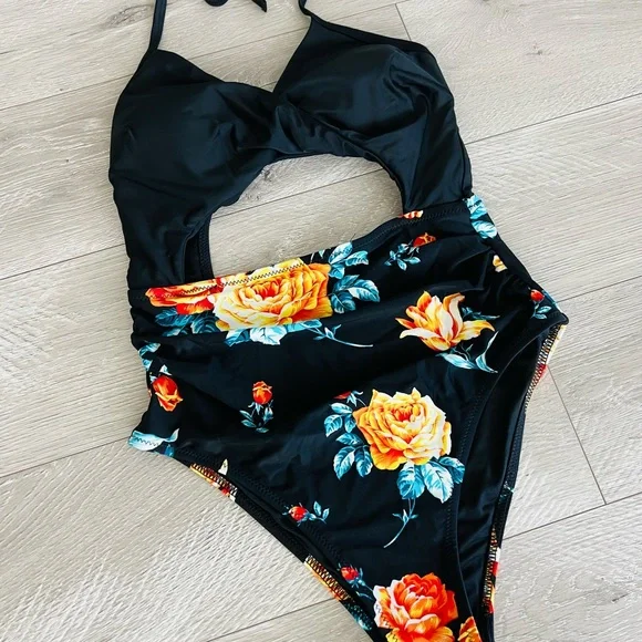 Cupshe Black Floral Print Halter Tummy Control One Piece Swim Suit - Picture 4 of 6